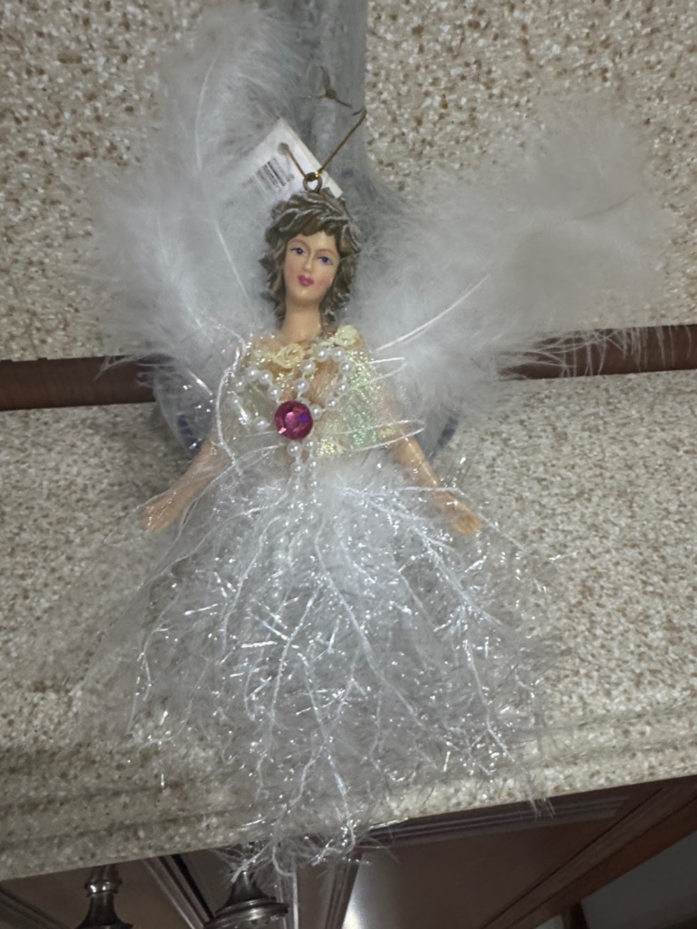 White Feather Angel Tree ornament with Pink Gem June birthstone